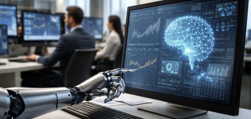 Ufficio bancario moderno con analisti al lavoro e monitor che mostra dati finanziari elaborati da un sistema di intelligenza artificiale