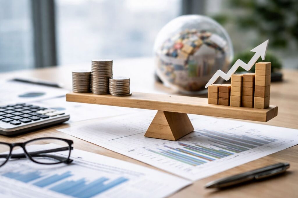 Bilanciamento tra monete e blocchi su una leva, su scrivania con grafici finanziari