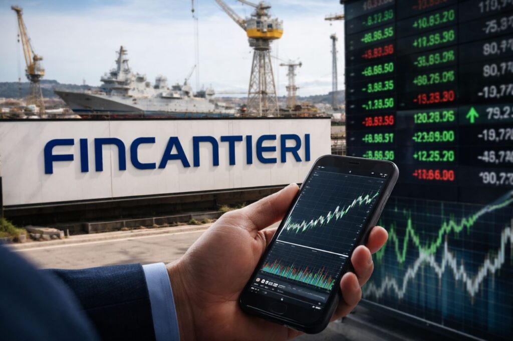 Mano con smartphone che mostra un grafico azionario, davanti a un cantiere navale Fincantieri con navi militari sullo sfondo