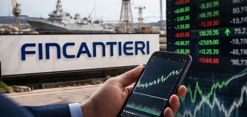 Mano con smartphone che mostra un grafico azionario, davanti a un cantiere navale Fincantieri con navi militari sullo sfondo