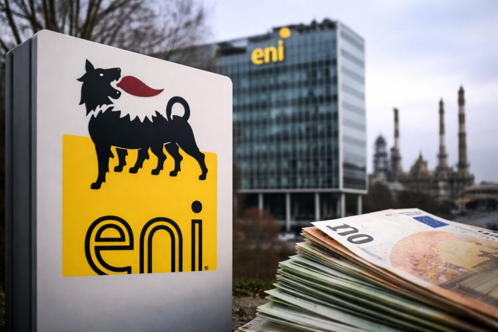 Logo Eni in primo piano, con sede aziendale, raffineria e banconote in euro sullo sfondo