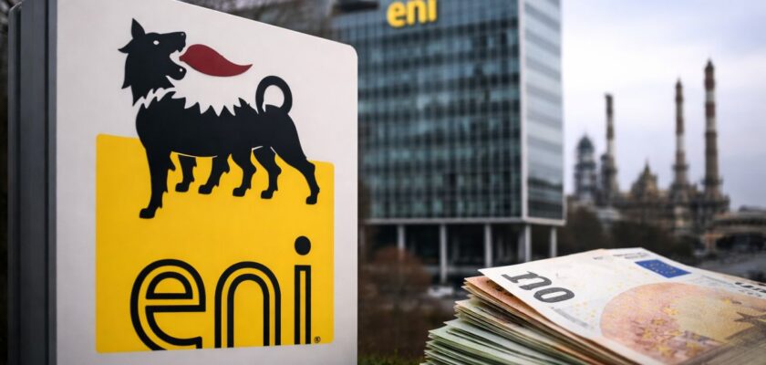 Logo Eni in primo piano, con sede aziendale, raffineria e banconote in euro sullo sfondo