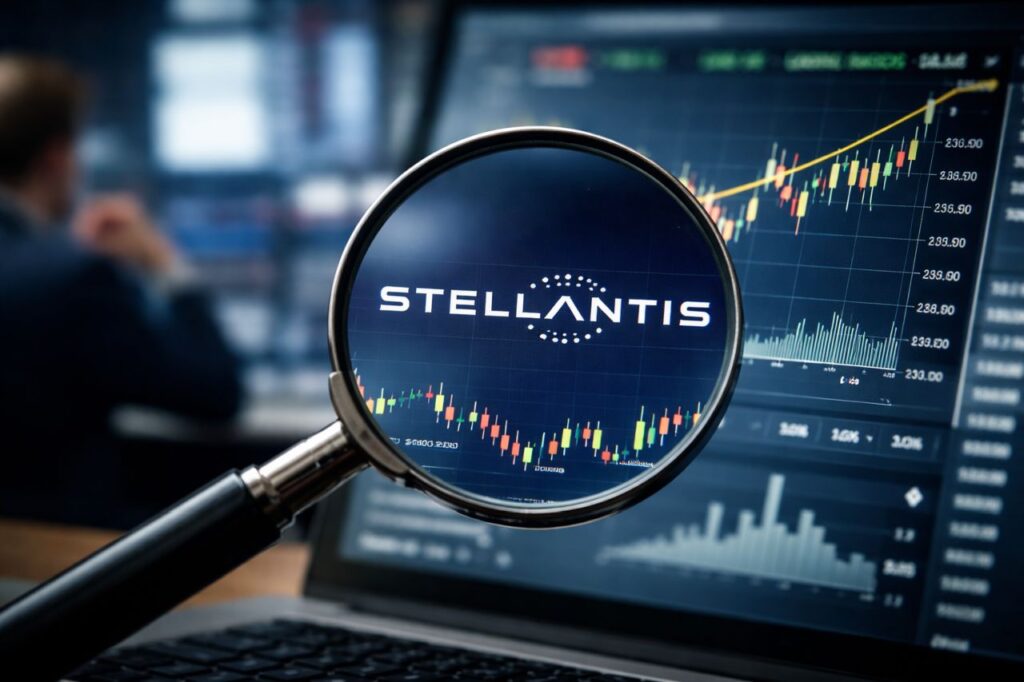 Schermo con grafico azionario e logo Stellantis osservato tramite una lente d&rsquo;ingrandimento, in un contesto da ufficio finanziario