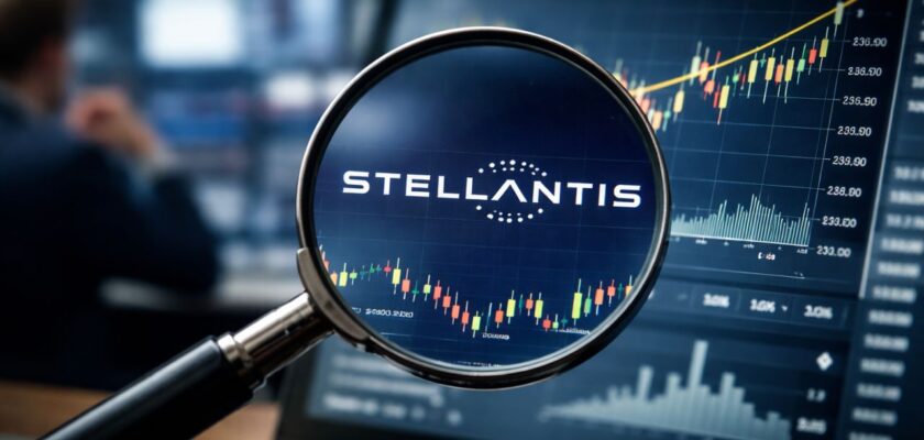 Schermo con grafico azionario e logo Stellantis osservato tramite una lente d’ingrandimento, in un contesto da ufficio finanziario