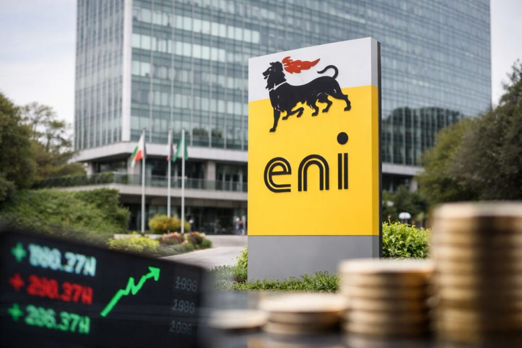 Logo Eni davanti a un edificio moderno, con grafico di Borsa e monete sfocate in primo piano
