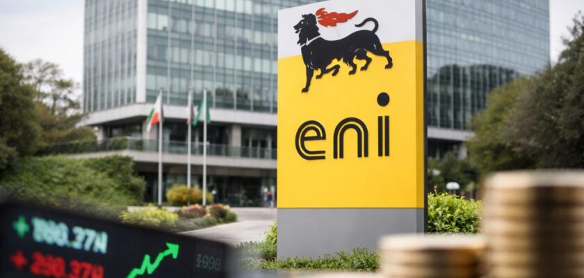 Logo Eni davanti a un edificio moderno, con grafico di Borsa e monete sfocate in primo piano