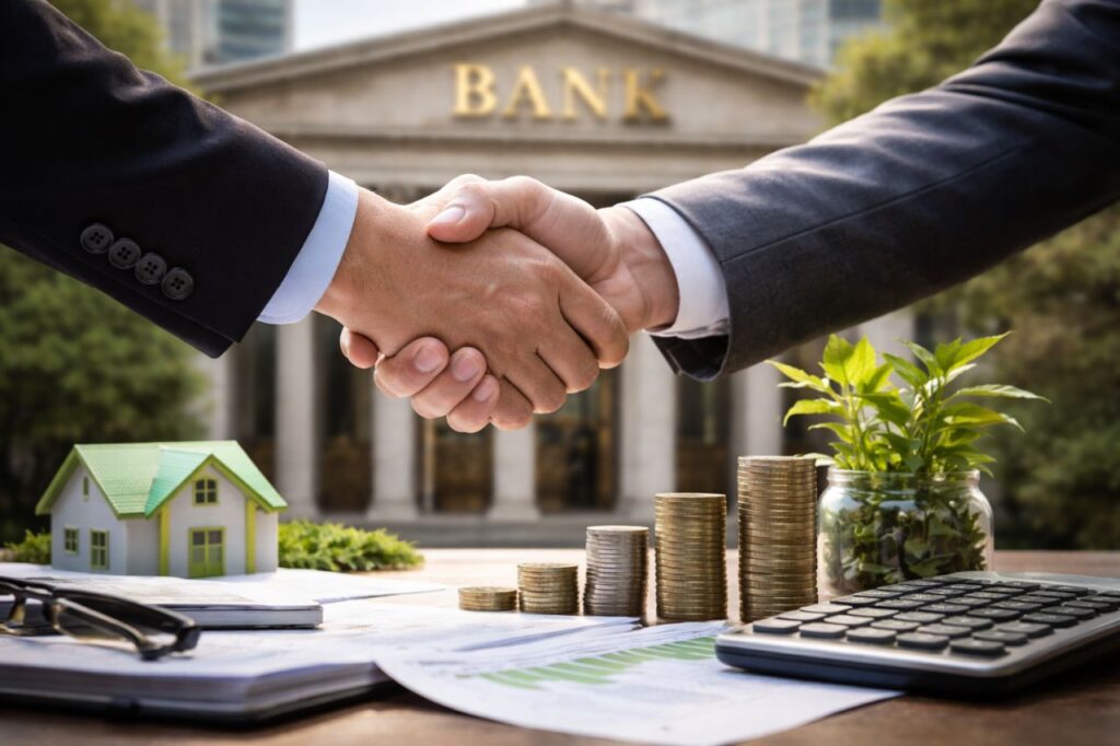 Stretta di mano tra due professionisti davanti a una banca, con documenti, monete e una pianta su un tavolo in primo piano