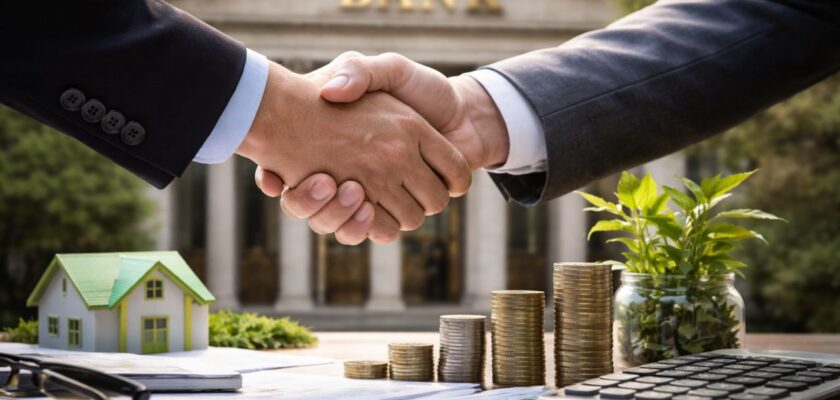 Stretta di mano tra due professionisti davanti a una banca, con documenti, monete e una pianta su un tavolo in primo piano