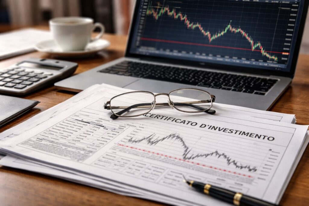 Scrivania moderna con laptop aperto su grafici finanziari