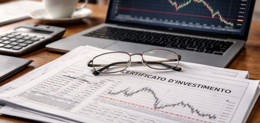 Scrivania moderna con laptop aperto su grafici finanziari