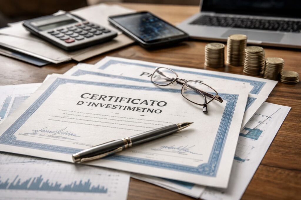 Scrivania finanziaria con certificati, penna, occhiali, monete e dispositivi elettronici