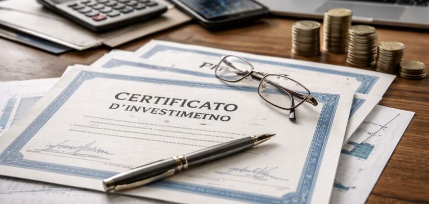 Scrivania finanziaria con certificati, penna, occhiali, monete e dispositivi elettronici