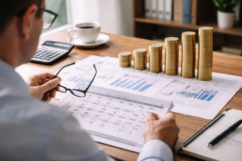 Un investitore seduto a una scrivania mentre osserva documenti obbligazionari e un calendario con scadenze distribuite nel tempo