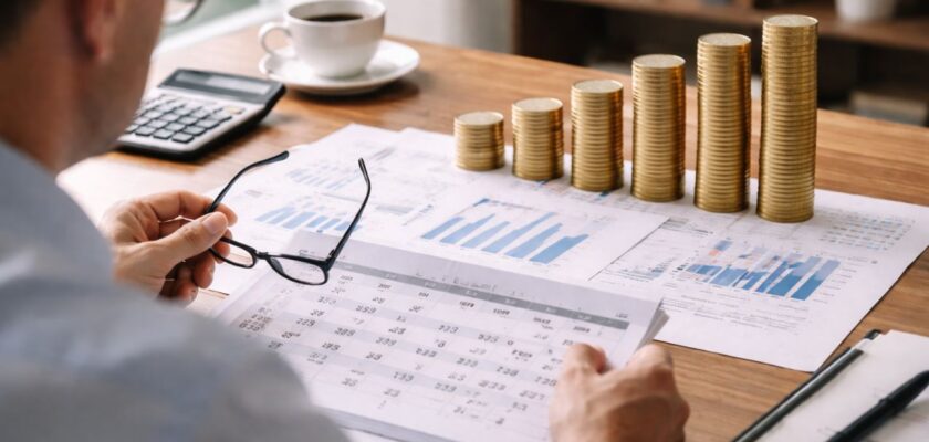 Un investitore seduto a una scrivania mentre osserva documenti obbligazionari e un calendario con scadenze distribuite nel tempo