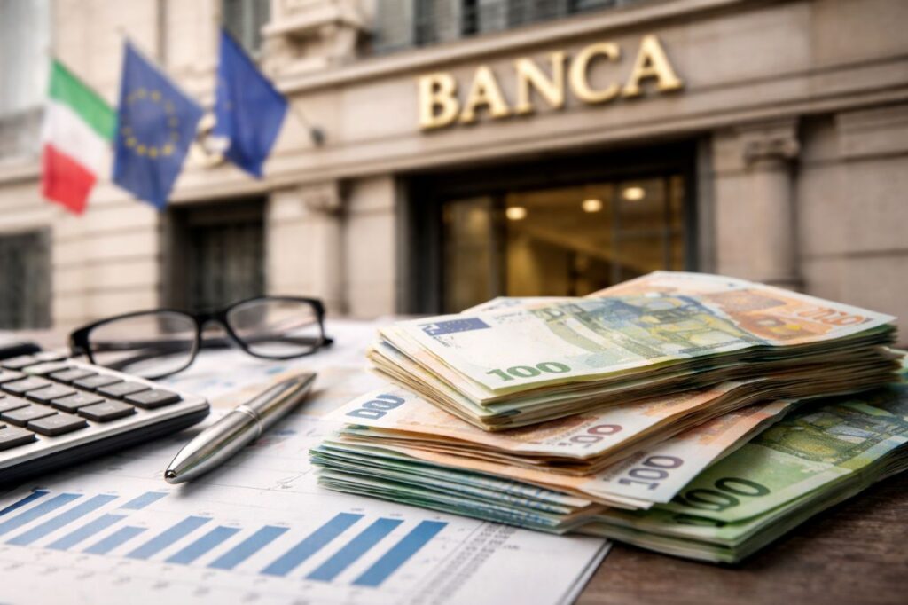 Banconote in euro su documenti finanziari con calcolatrice e una banca sullo sfondo