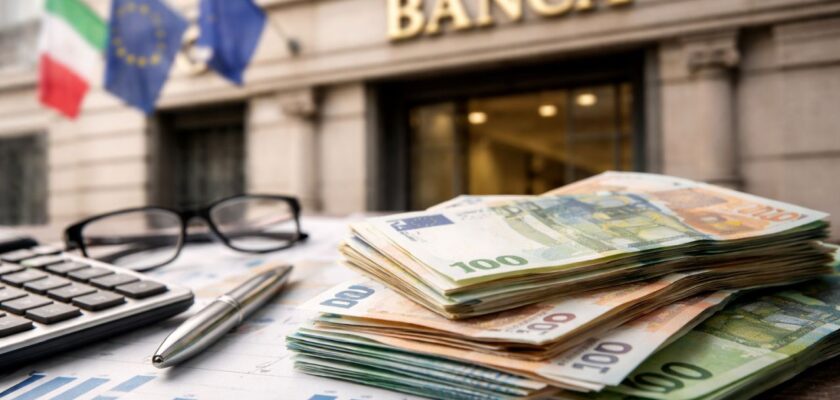 Banconote in euro su documenti finanziari con calcolatrice e una banca sullo sfondo