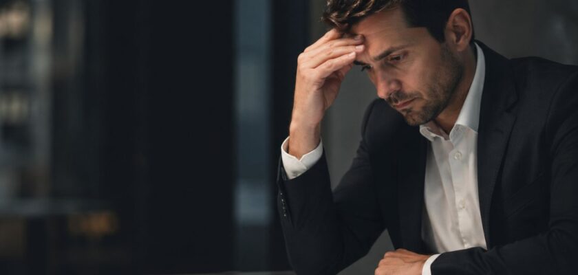 Uomo in ufficio, seduto al tavolo con documenti finanziari, mano sulla fronte, espressione preoccupata