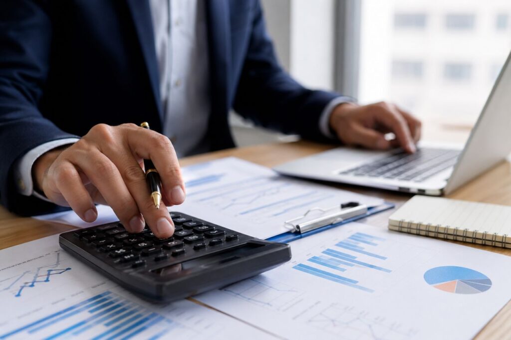 Primo piano realistico di una persona in giacca che usa una calcolatrice su documenti finanziari con grafici, accanto a un laptop su una scrivania ordinata