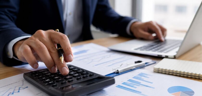 Primo piano realistico di una persona in giacca che usa una calcolatrice su documenti finanziari con grafici, accanto a un laptop su una scrivania ordinata