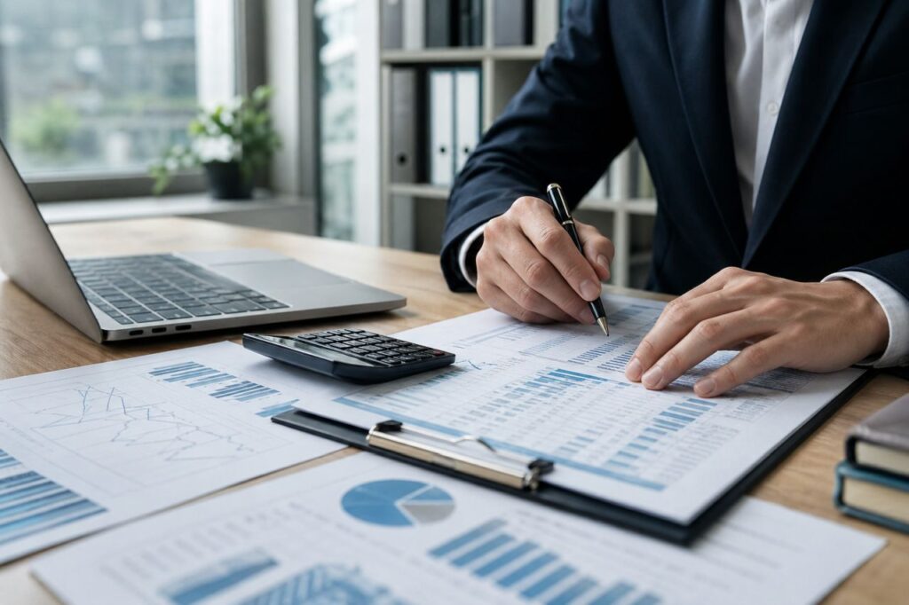 Scrivania moderna con laptop aperto, grafici finanziari realistici su schermo e luce naturale soffusa da una finestra