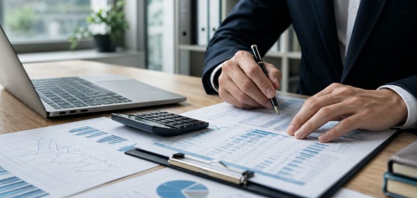 Scrivania moderna con laptop aperto, grafici finanziari realistici su schermo e luce naturale soffusa da una finestra