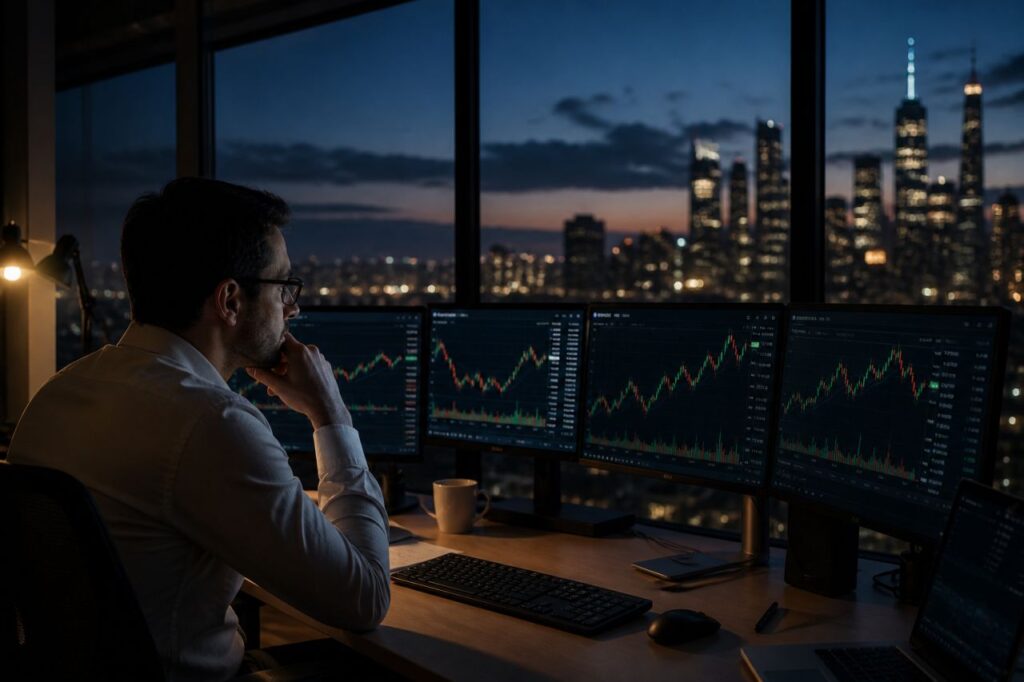 Persona lavora al computer di notte con grafici finanziari attivi su pi&ugrave; schermi.