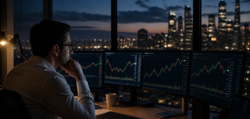 Persona lavora al computer di notte con grafici finanziari attivi su più schermi.