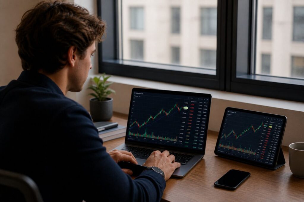 Professionista analizza dati finanziari su schermi multipli