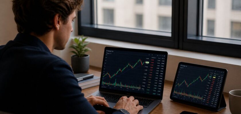 Professionista analizza dati finanziari su schermi multipli