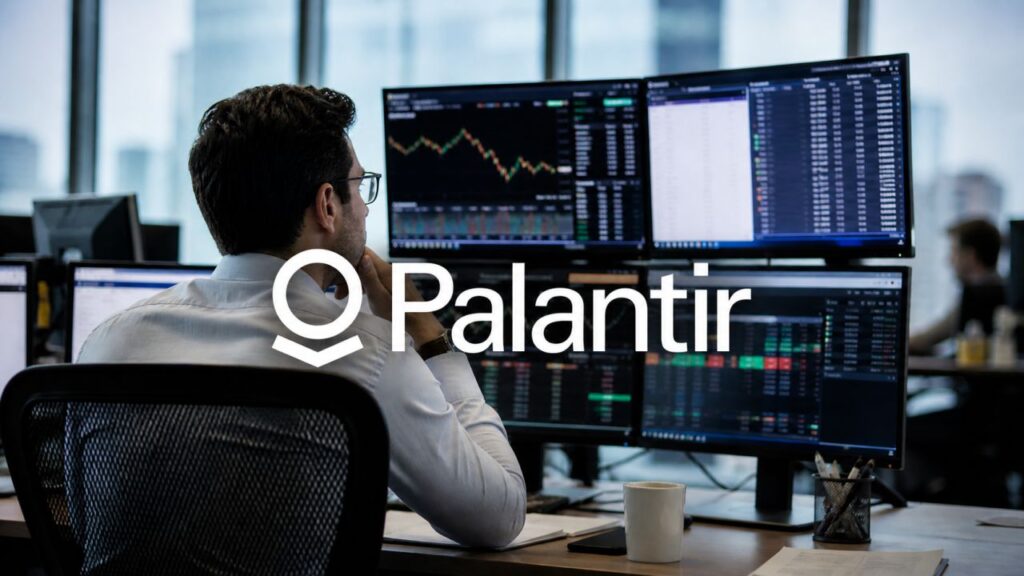Analista davanti a pi&ugrave; schermi con dati finanziari, con logo Palantir in sovrimpressione