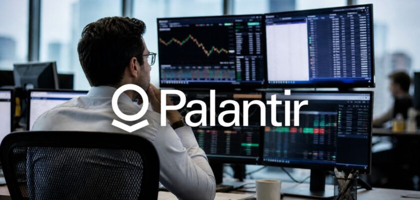 Analista davanti a più schermi con dati finanziari, con logo Palantir in sovrimpressione
