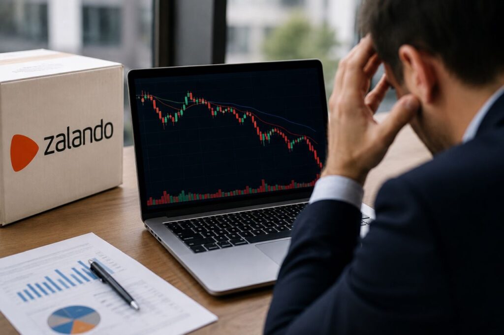 Uomo pensieroso davanti a laptop con grafico finanziario in calo e logo Zalando visibile sullo schermo