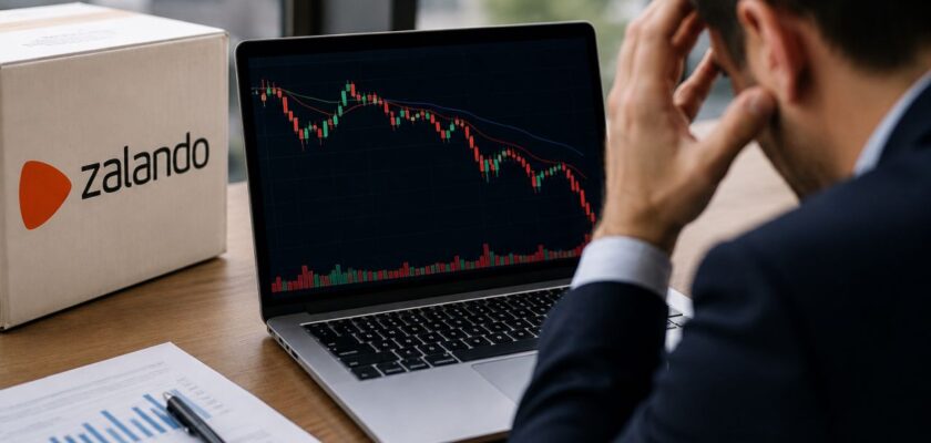 Uomo pensieroso davanti a laptop con grafico finanziario in calo e logo Zalando visibile sullo schermo