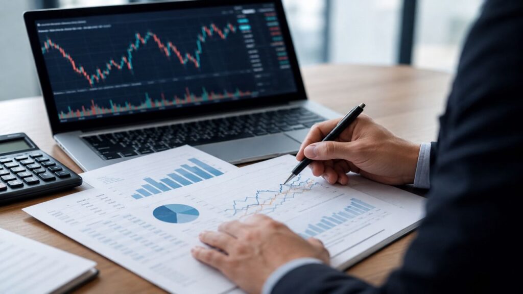 Scrivania da ufficio con laptop aperto su grafici finanziari, documenti analizzati a penna e calcolatrice accanto