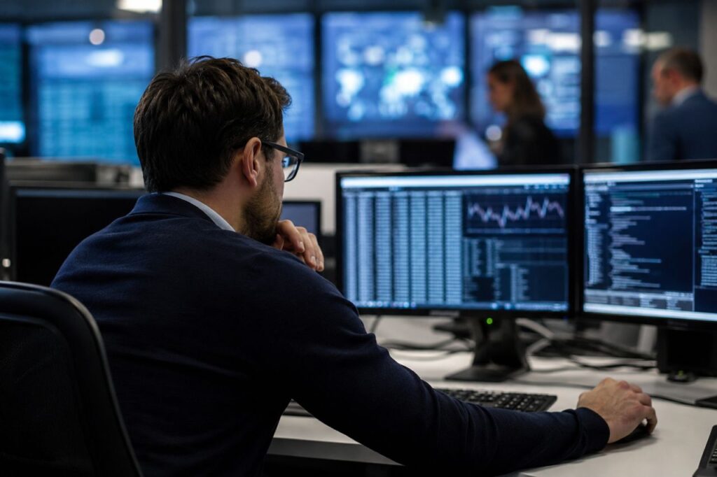 Analista in ufficio moderno monitora dati su pi&ugrave; schermi, ambiente tecnologico e concentrato