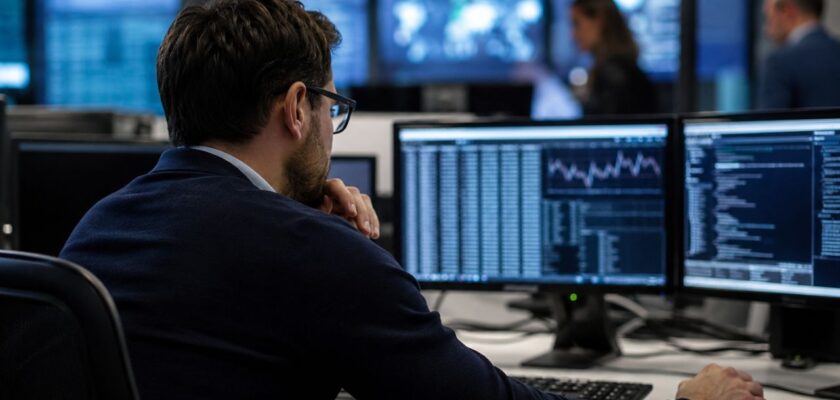 Analista in ufficio moderno monitora dati su più schermi, ambiente tecnologico e concentrato