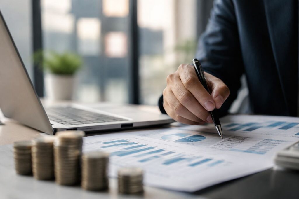 Manager che analizza documenti finanziari in ufficio, con laptop e pile di monete sul tavolo
