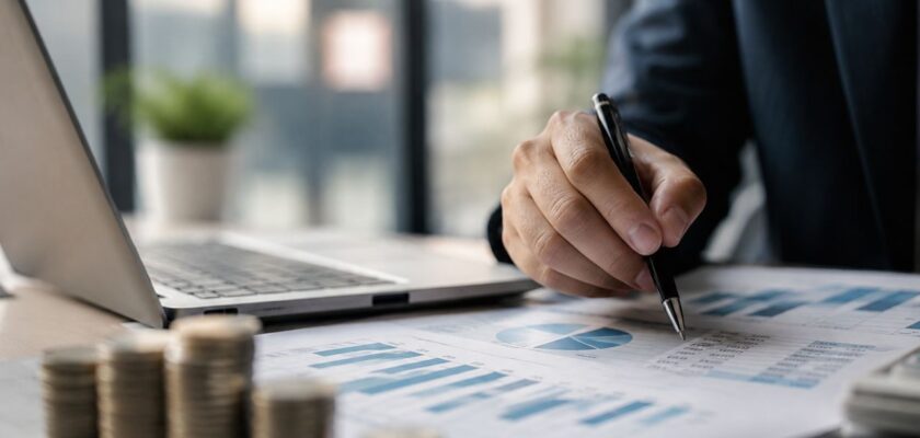 Manager che analizza documenti finanziari in ufficio, con laptop e pile di monete sul tavolo