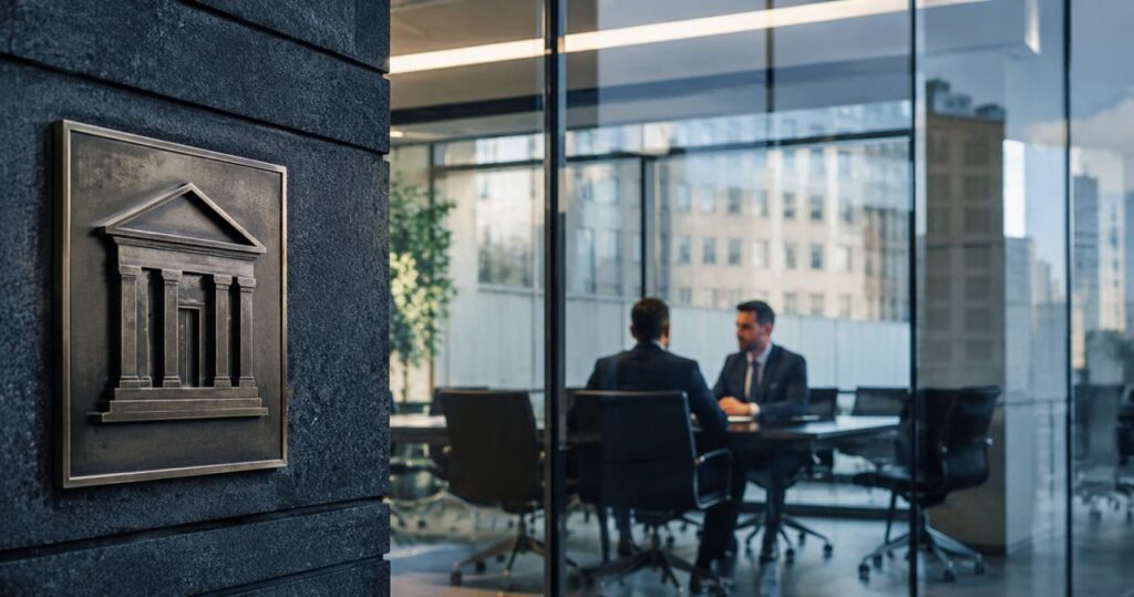 Due consulenti bancari in una moderna sala riunioni, con simboli architettonici che richiamano il mondo finanziario