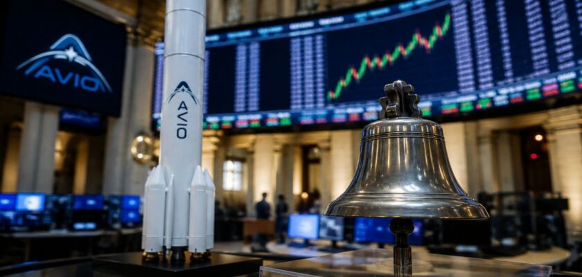 Razzo Avio e campana di Borsa davanti a un maxi-schermo finanziario in una sala trading istituzionale