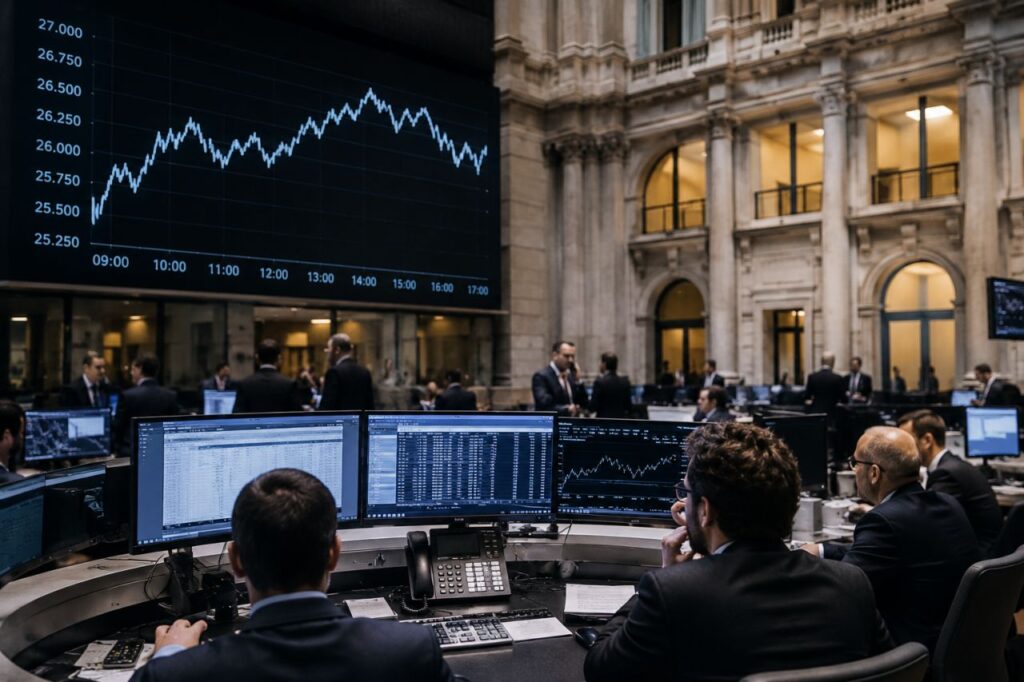 Trader e analisti al lavoro in una grande sala finanziaria, tra monitor di mercato