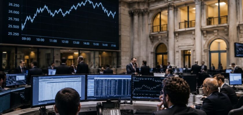 Trader e analisti al lavoro in una grande sala finanziaria, tra monitor di mercato