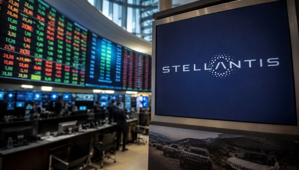 Schermo Stellantis in una sala finanziaria con ticker di Borsa