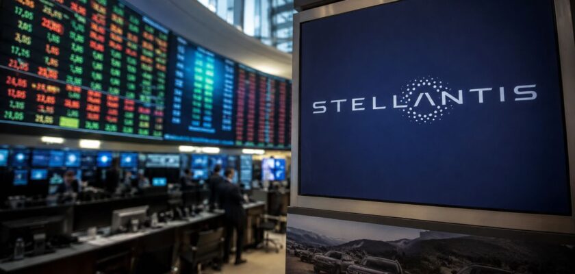 Schermo Stellantis in una sala finanziaria con ticker di Borsa
