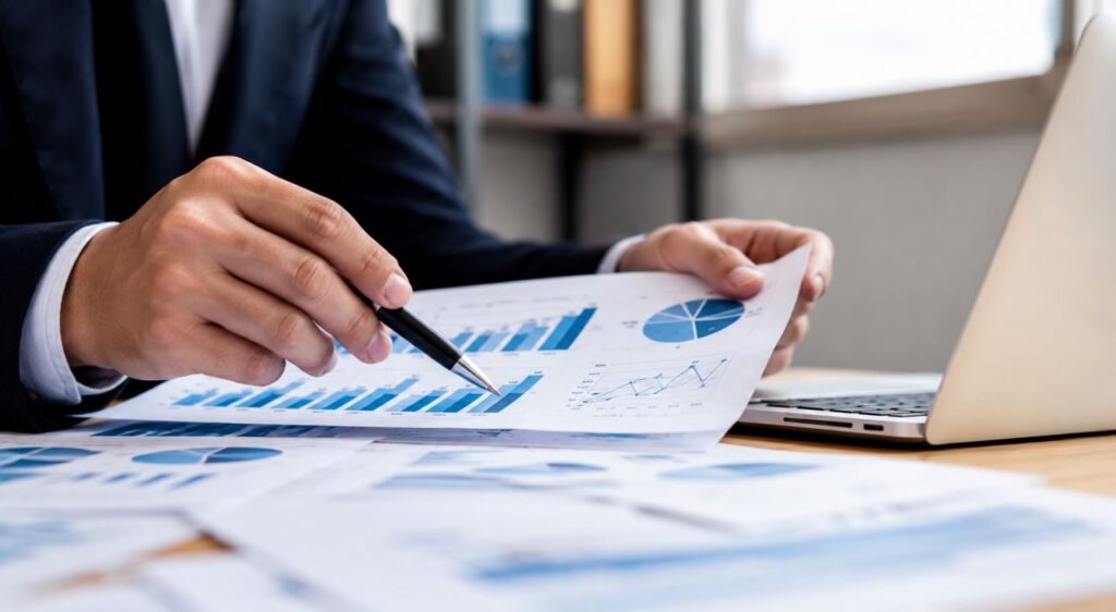 Analista finanziario mentre esamina grafici e report su una scrivania da ufficio