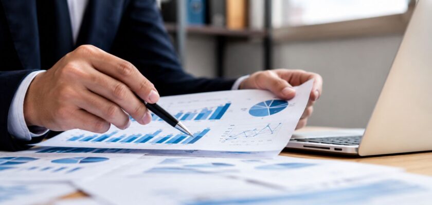 Analista finanziario mentre esamina grafici e report su una scrivania da ufficio