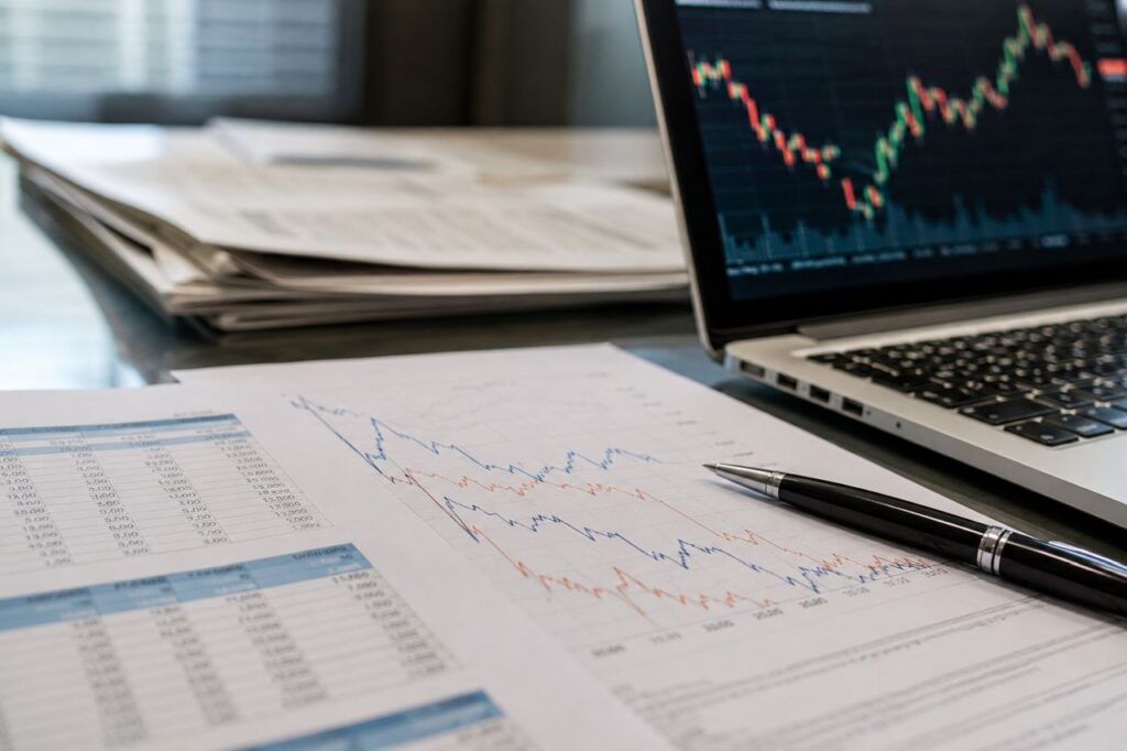 Scrivania finanziaria con grafici, laptop e documenti di mercato