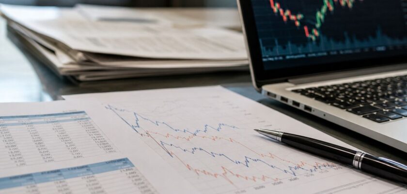 Scrivania finanziaria con grafici, laptop e documenti di mercato