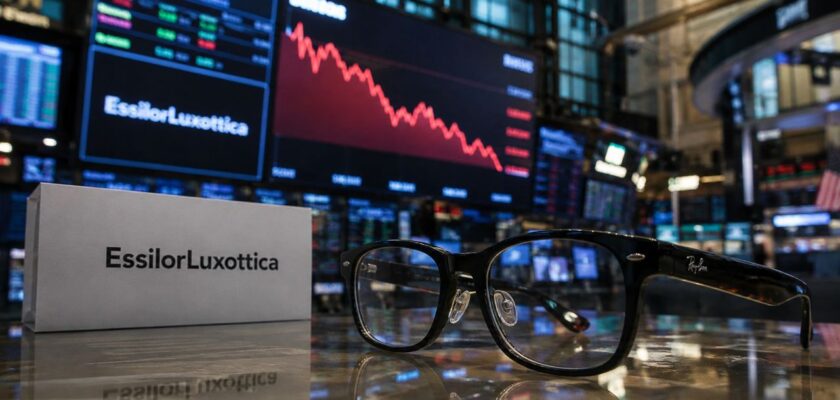 Occhiali smart su un tavolo da trading, con schermi finanziari sullo sfondo e atmosfera tecnologica dal taglio giornalistico