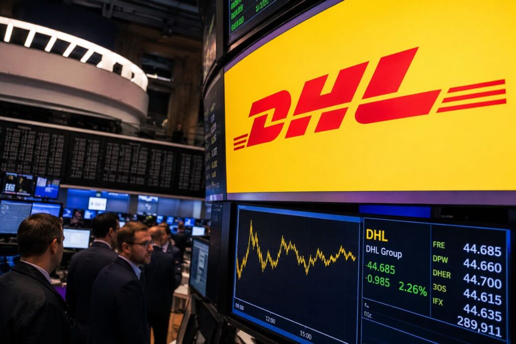 Logo DHL su sfondo di Borsa con trader e grafici finanziari